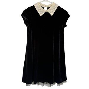 Knit Works Girls 12 Black Velvet Dress Pearl Lace Collar Holiday Party Outfit